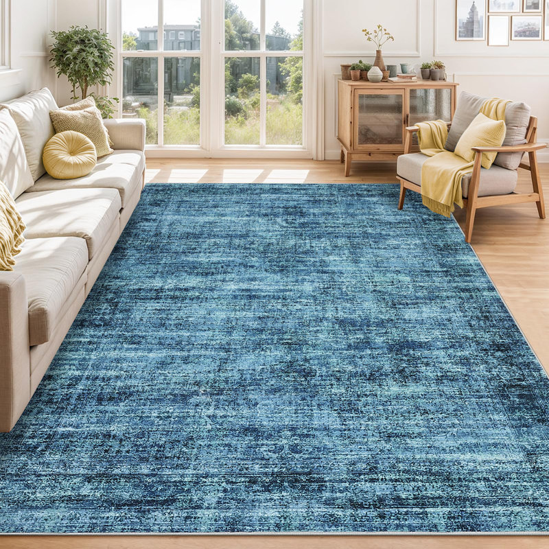 Washable Area Rug, Vintage Distressed Low Pile Non-Slip Foldable Retro Abstract Indoor Floor Carpet, Blue, 8'x10', Blue