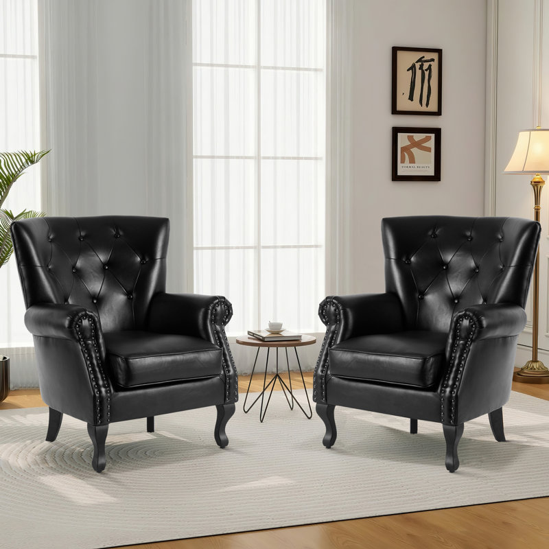 24"W Faux Leather Wingback Chair, Black Faux Leather