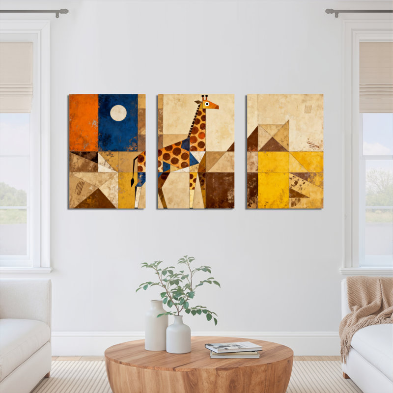 Tableau abstrait géométrique de girafe sur toile tendue (lot de 3), H 18 po x l 36 po