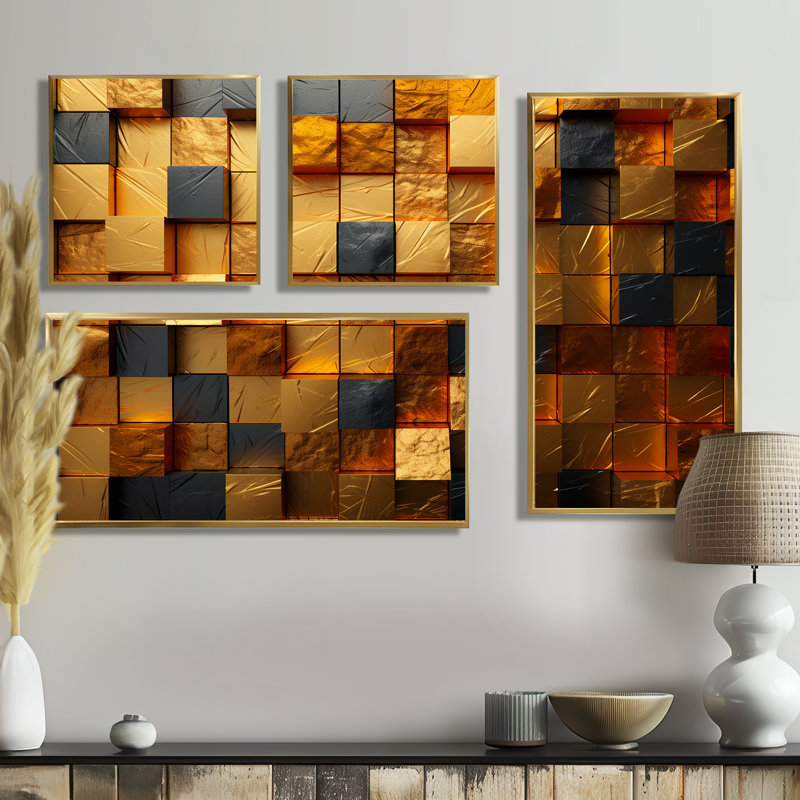 Grunge cubes abstraits géométriques IV - art mural géométrique abstrait grand 4 pièces, Doré
