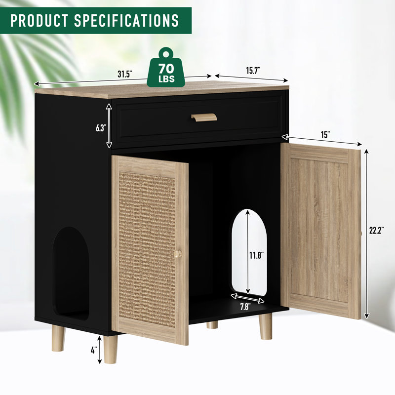 Diogo Manufactured Wood Cat Litter Box Enclosure with Scratching Pad, 34.6" H x 31.5" W x 15.7" D, Black