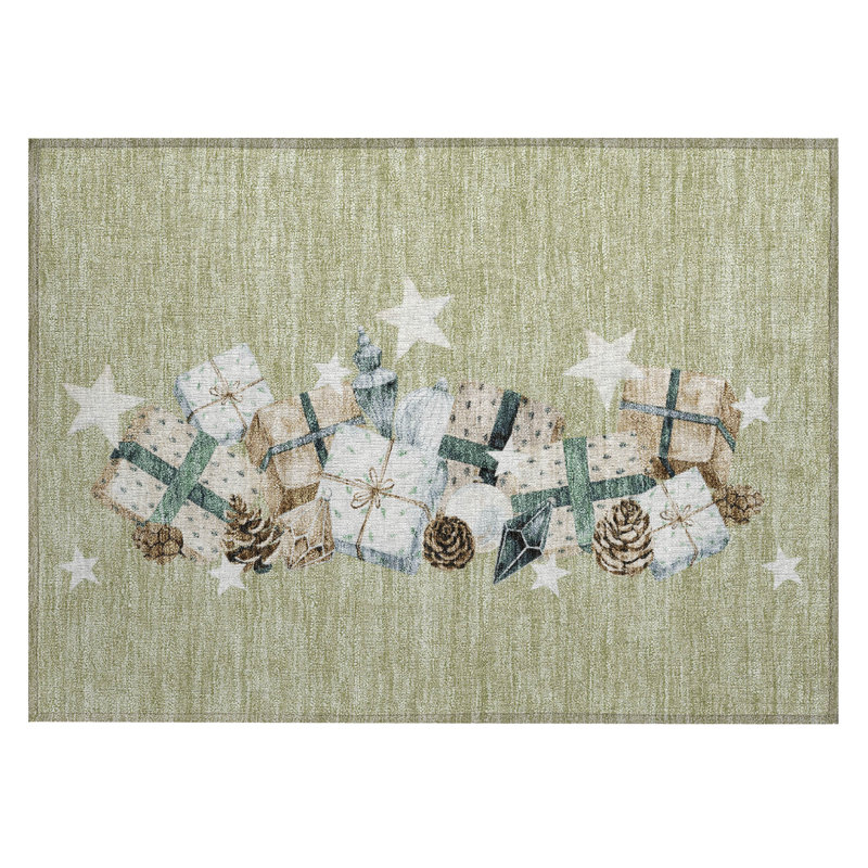 Machine Washable Indoor/Outdoor Christmas Presents Xhevrie Aloe Rug, Rectangle 1'8" x 2'6"