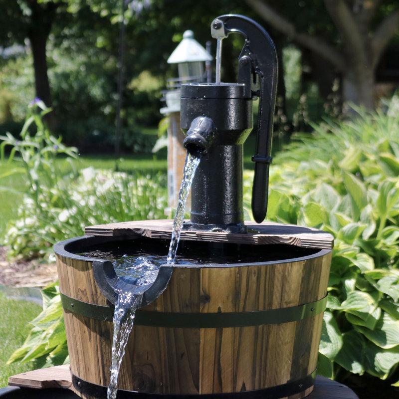 Wood Barrel Weather-Resistant Brown 2-Tier Outdoor Water Fountain with Hand Pump