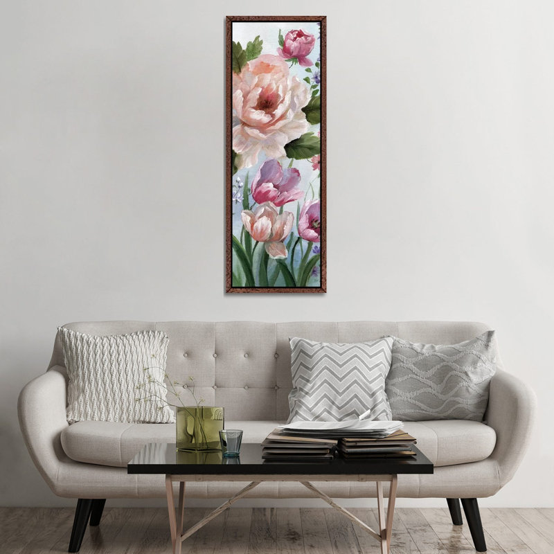 Romantic Botanical I by Nan - Panoramic Painting on Canvas, 152.4 cm H x 50.8 cm W, Classic Brown Wood Framed