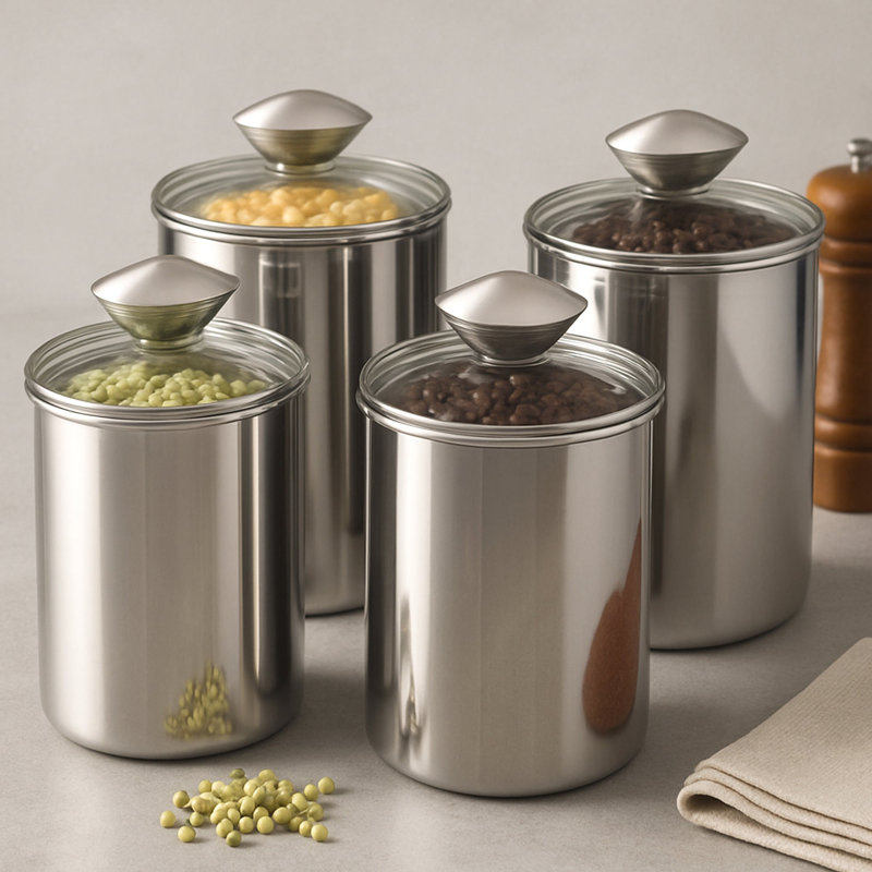 Stainless Steel Food Storage Container with Tempered Glass Lid For Kitchen Counter, Coffee, Tea, Nuts | Shiny Mirror Finish | Set of 4