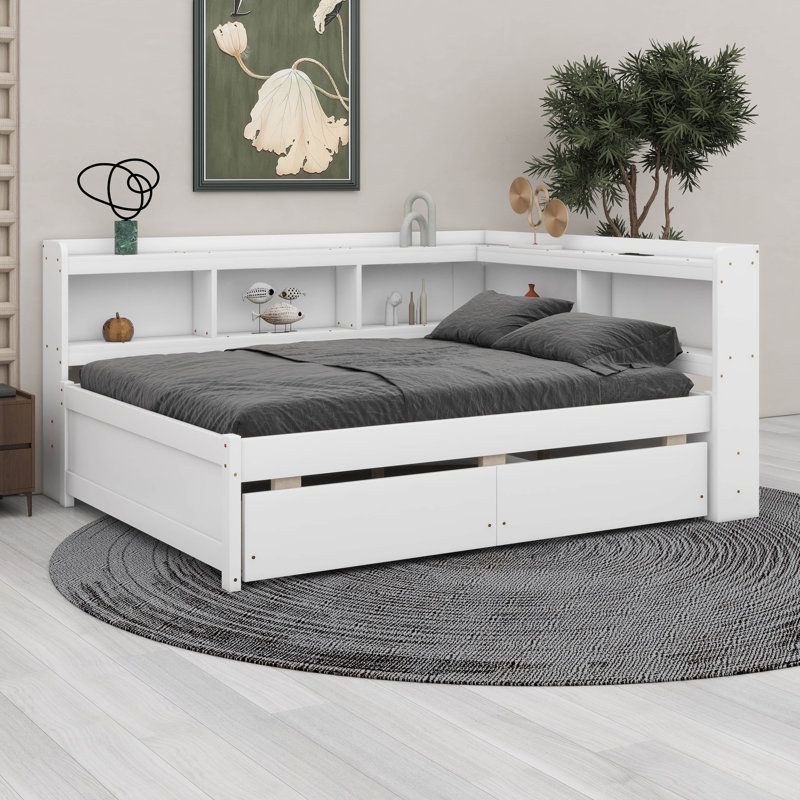 Lit double en forme de L avec bibliothèques USB, 2 tiroirs, Blanc