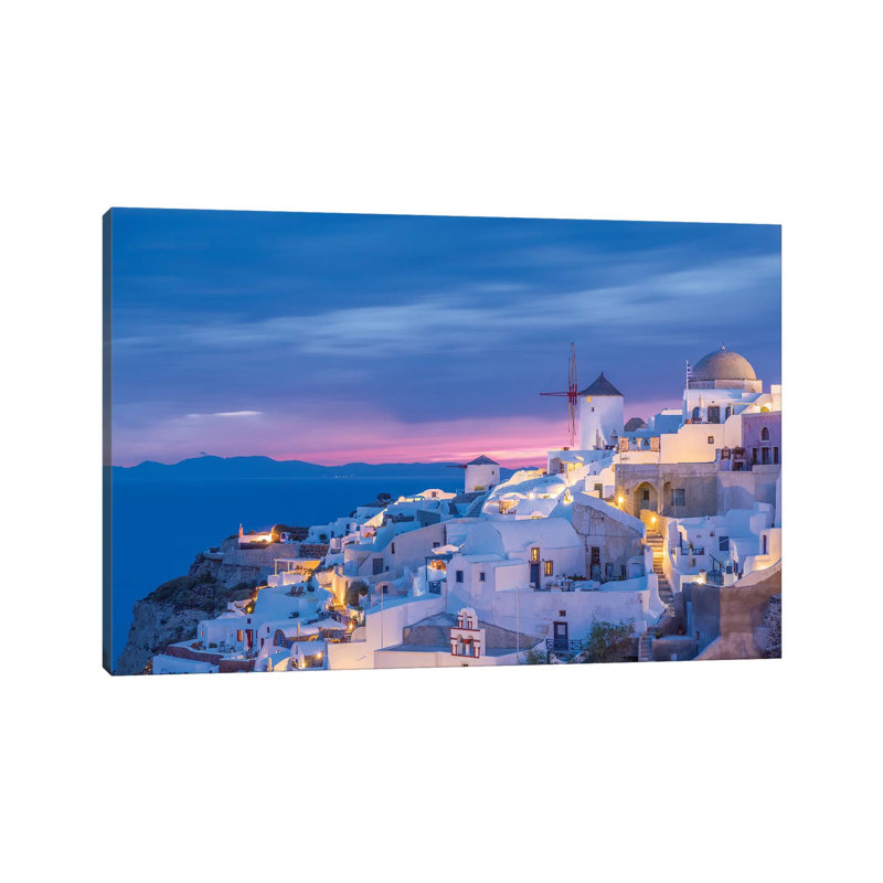 Greek Orthodox Church And Village At Sunset by Jaynes Gallery - Wrapped Canvas Print, 101.6 cm H x 66.04 cm W x 1.91 cm D