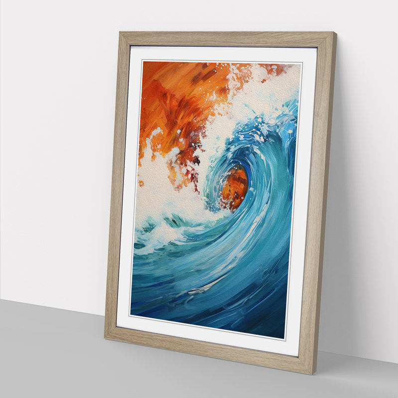 XYZ-FRM-V1223-6473 Wave Modern Action Painting - Single Picture Frame Print on Wood, Oak, 46cm H x 34cm W x 2cm D