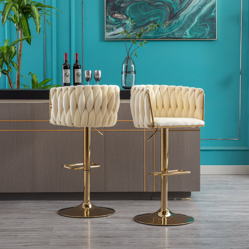 Set of 2 Bar Stools,with Chrome Footrest and Base Swivel Height Adjustable Mechanical Lifting Velvet + Golden Leg Simple Bar Stool