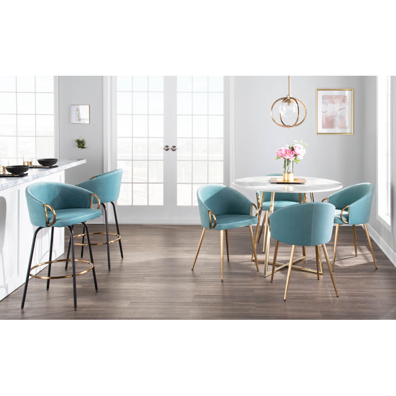 Josie 26" Fixed-Height Velvet Counter Stools with Black Metal Legs & Gold Footrest, Light Blue