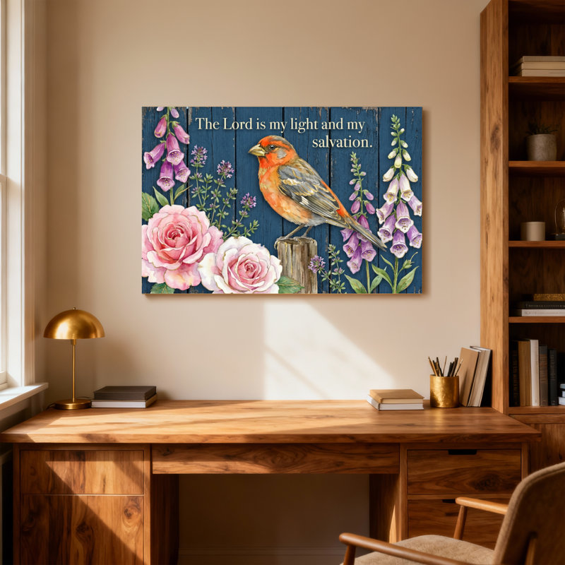 Texte et chiffres Oiseau Fleurs Roses Fond de bois Texte, H 16 po x l 24 po
