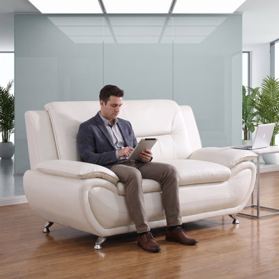 Modern Faux Leather Loveseat Sofa, 2‑Seat Upholstered Small Couch with Curved Armrest & Metal Legs, White Compact Loveseat for Living Room, Apartment