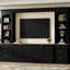 Meuble audio-vidéo rétro noir, meuble télé arqué de 106 po, rangement polyvalent avec armoires et tiroirs, structure de tiroir compatible avec panneaux de particules de 70 po