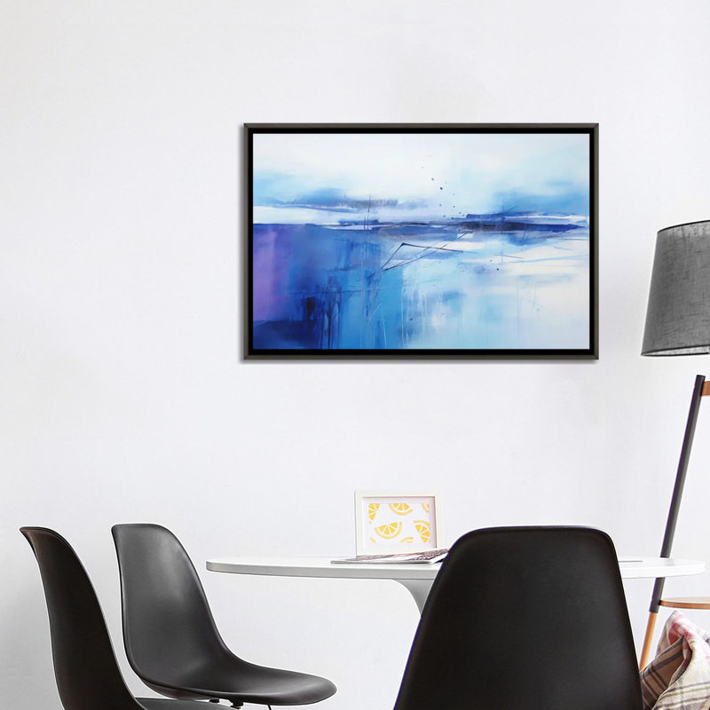 Blue And Purple Abstraction, 26" H x 40" W x 1.5" D, No Mat, Dark Rustic Wood Floater Framed Canvas