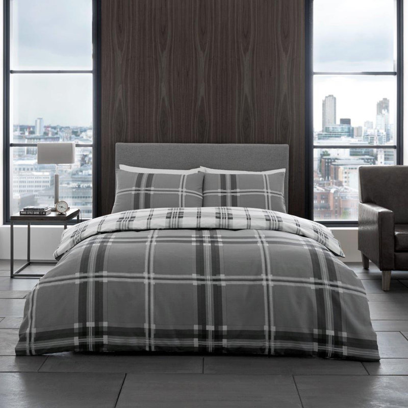 Soft Checked Duvet Cover Set with Pillowcases, Polycotton, Light weight Bedding, Grey, Double