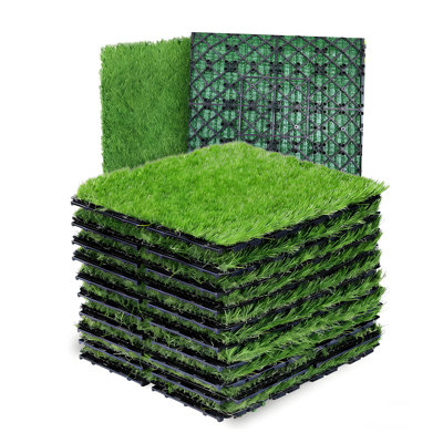 Interlocking Artificial Grass Tile Mat 36-pack - Uv Resistant Balcony Patio Garden Flooring With Drainage Holes, 12" X 12" Self-locking Tiles (35 Sq. Ft.)