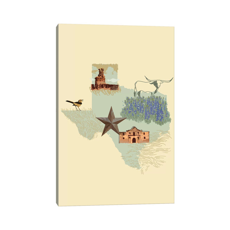«Illustrated State-Texas» par Jacob Green - impression sur toile tendue, H 26 po x l 18 po x 1,5 po