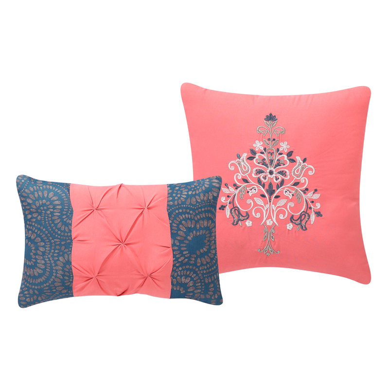 Full Coral Microfiber Reversible Comforter Set with Decorative Pillows