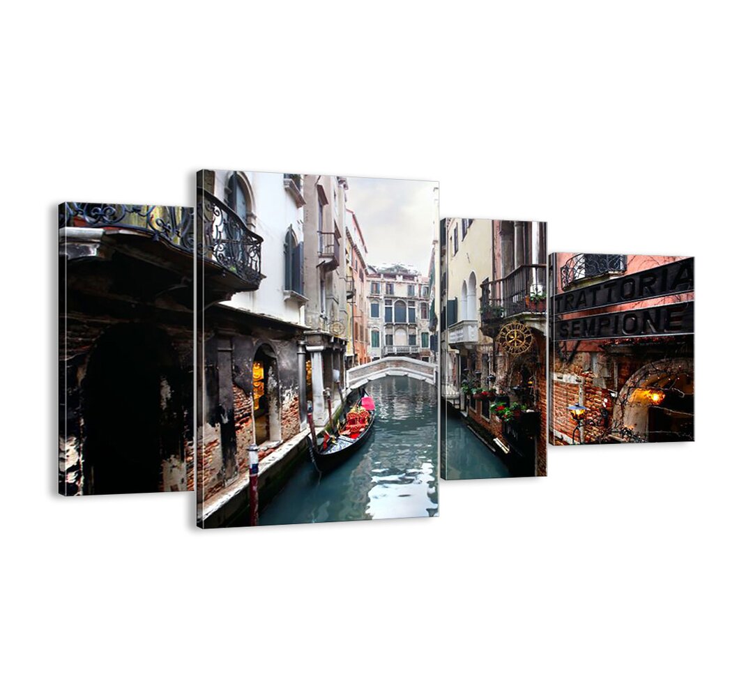 4-tlg. Leinwandbilder-Set - Fotografie „Venetian Landscape with a Gondola and a Bridge”