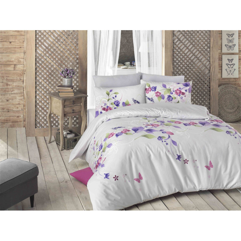 Premium Ranforce Single XXL Quilt Cover Set, 61 x 87, 100% Cotton, 145 Thread Count | Includes 31.5 x 31.5 Pillowcase | Machine Washable, Elegant White with Purple, Pink & Green Colors, Button Closure Design