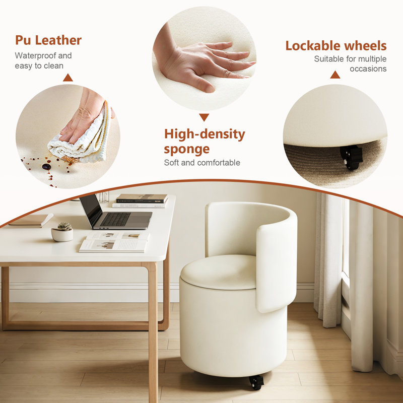 Chaise de coiffeuse pivotante ronde à roulettes avec pouf de rangement pliable en cuir PU pour chambre à coucher, blanche