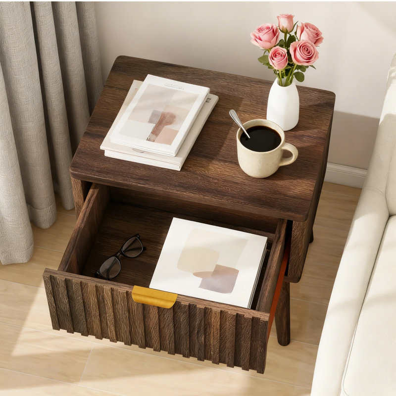 Mid-Century Nightstand With Gold Handle, Compact Bedside Table With Drawer & Solid Wood Legs For Small Spaces, Individual