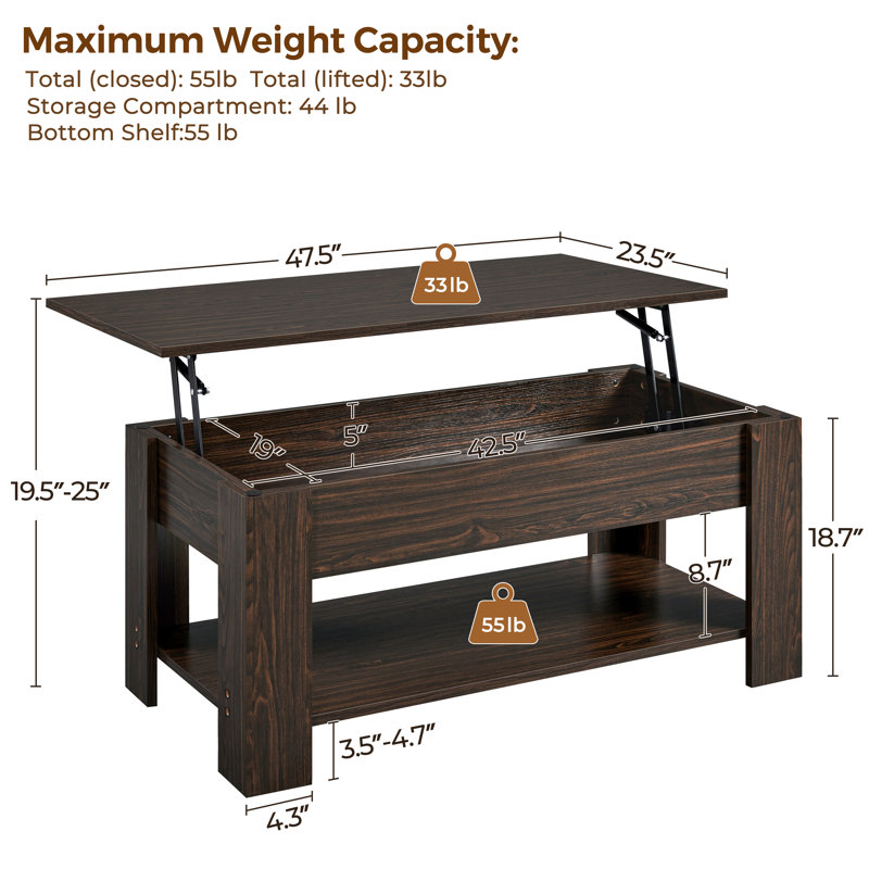 Ajeem Rectangular Lift Top Coffee Table with Storage, 19.5" H x 47.5" L x 23.5" W, Espresso