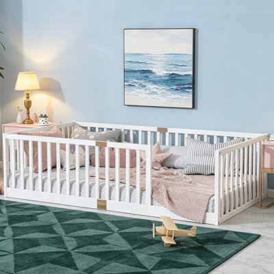 Floor Bed with High Fence Railings, 6 Slats Included without Door, Rubber Wood Construction for Safety and Durability