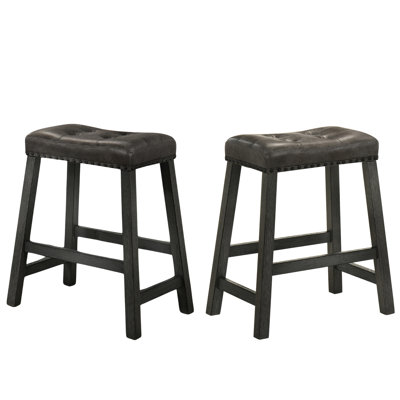 25 pouces rustique de 2, sans dossier avec siège en cuir, finition vieillie, construction pour îlot de cuisine et espaces de divertissement, tabouret de comptoir en bois 2 places confortable, îlot de salle à manger, espace