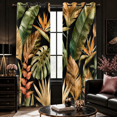 2Pcs Tropical Leaf Print Sun Blocking Curtains, Botanical Bird of Paradise Floral Pattern, Modern Lush Green and Gold Patterned, Room Darkening Thermal Insulated for Living Decor for Home Dector