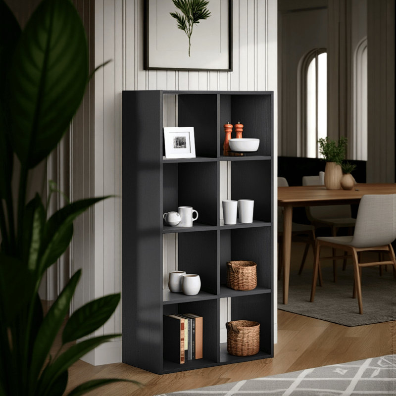Wyndi 48 Inch Tall Wood Bookcase Organizer, 8 Cube Compartments, Black