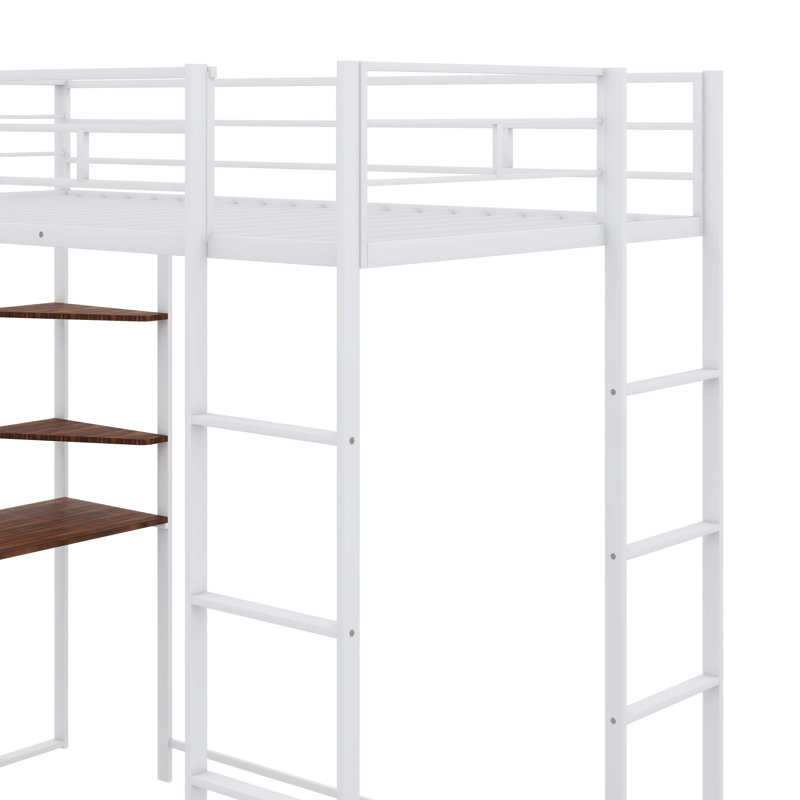 Lit mezzanine simple en métal avec 2 tablettes et un bureau, Blanc