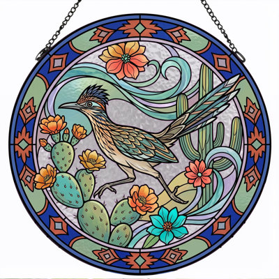 Roadrunner Cactus Stained Glass Window Panel，12"H