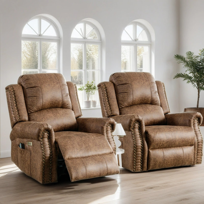 Aidin 39" Wide Top Leather Power Standard Recliner Chair Brass Nail Decoration Massage Heating(set of 2), Cognac Faux Leather