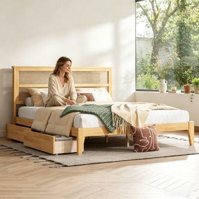 King Size Bed With Rattan Headboard, Two Storage Drawers, And Enhanced Support Slats, White Oak Finish