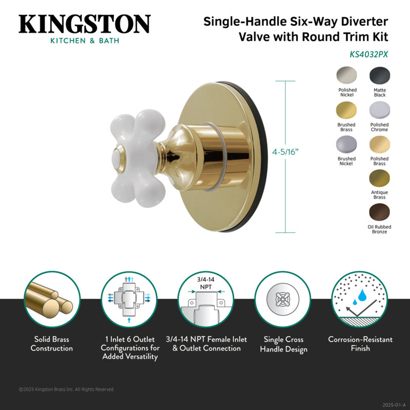 Valve de dérivation murale à une poignée Kingston Restoration, Laiton poli