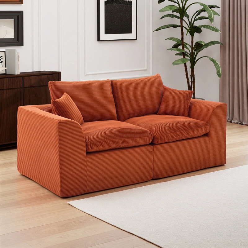 Canapé 80 po pour salon, canapés doubles en velours côtelé avec 2 coussins décoratifs pour les petits espaces, chameau de bureau