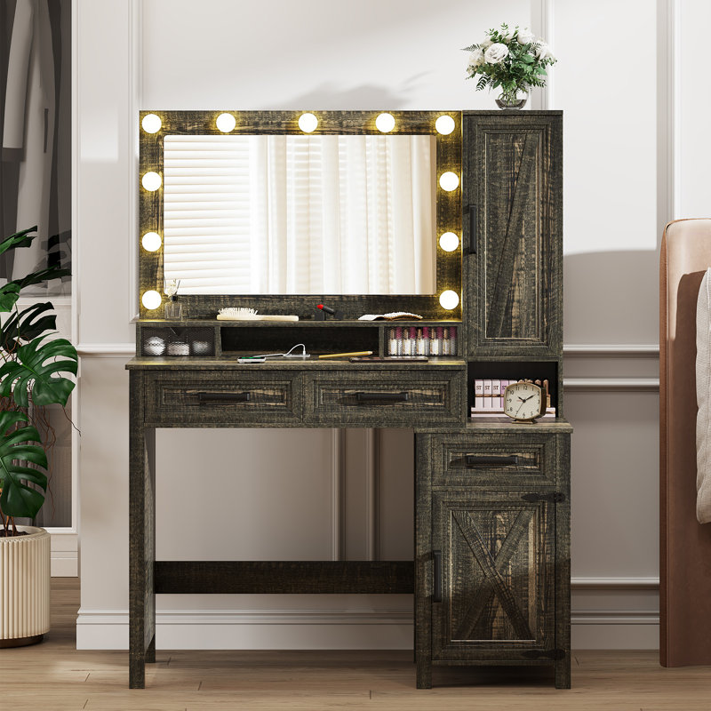 Modern Makeup Vanity Desk With 3-color Led Mirror And Motion Sensor, Brown