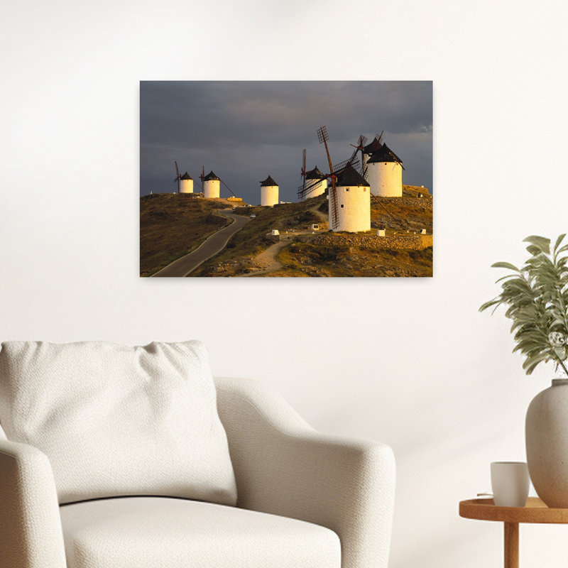 Old Traditional Windmills On Hills, Consuegra, Castilla La Mancha, Spain Contemporary Architecture Wall Art