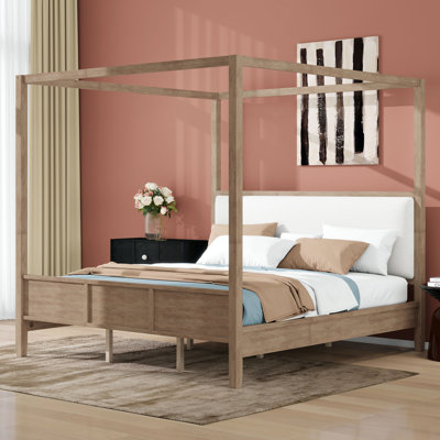 Wooden Canopy Platform Bed With Upholstery Headboard, 4-Poster Canopy Bed Frame With Slat Support