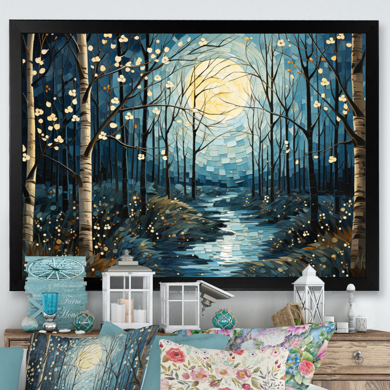 Birch Woods Mystic Moonlight VI sur impression sur toile, H 34 po x l 44 po x P 1,5 po, Cadre photo noir