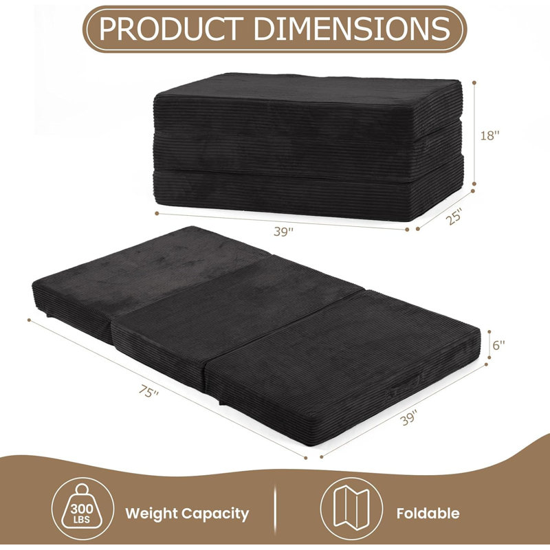 Matelas pliable en trois parties de 15 cm (6 pouces) - Canapé-lit futon pliable avec housse amovible et lavable, matelas futon pliable en mousse à mémoire de forme | Dessous antidérapants et poignées de transport pour le camping, les résidences étudiantes, lit simple, noir