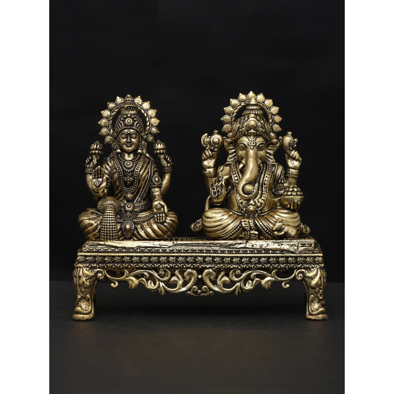 Superbe paire de Lakshmi Ganesha en laiton de 4 po - Sculptures de divinités indiennes faites à la main pour la prospérité et les bénédictions, finition dorée, cadeau idéal et décoration intérieure