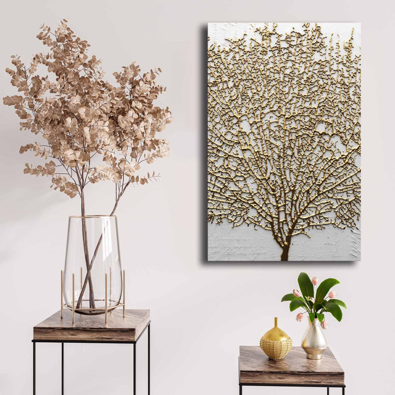 Élégante peinture sur toile décorative, dorée et blanche, 17,7 po x 27,6 po | 100% toile (épaisseur: 0,11 pouce) | Structure robuste en bois de pin à 100% (épaisseur: 0,87 pouce) | Parfait pour les amateurs de décoration et d'art moderne