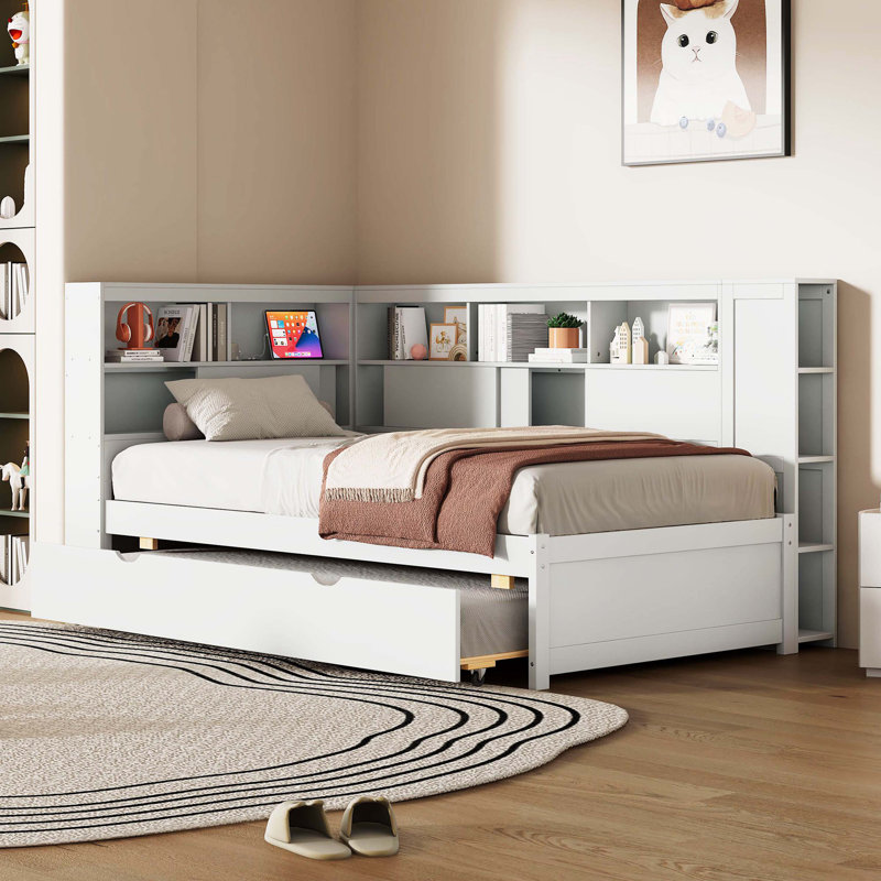 Lit de jour simple en bois avec tablettes de rangement, ports de chargement USB et couchette escamotable, blanc