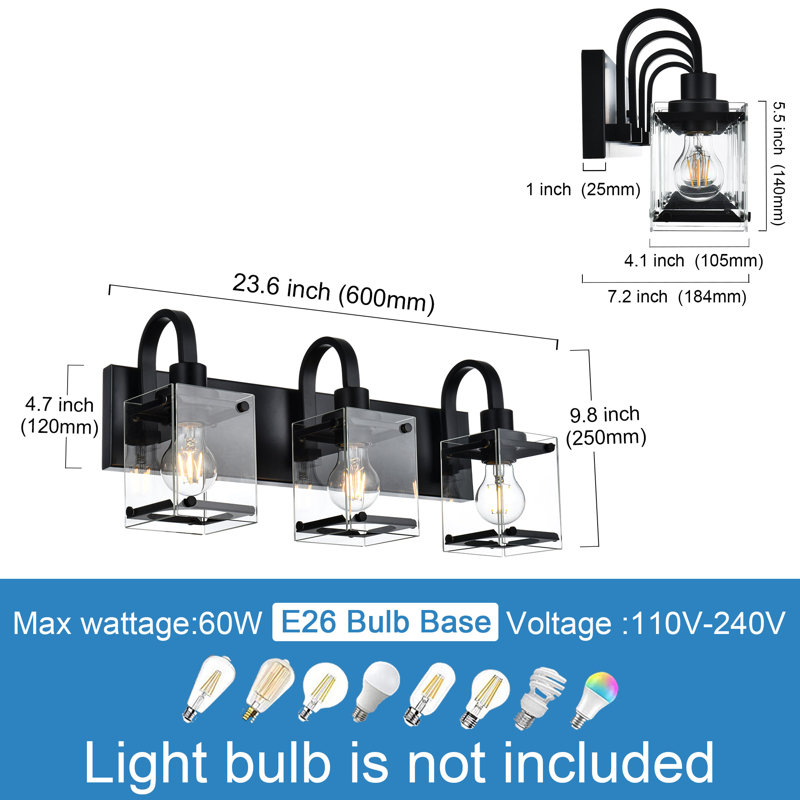 Éclairage pour meuble-lavabo Hamilly, 3, Noir, 9,8 po x l 23,6 po x P 7,2 po