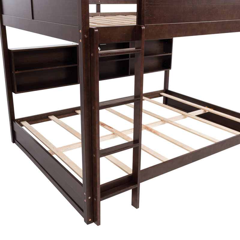 Queen Over Queen Solid Wood Standard Bunk Bed with Storage Cabinets and Charging Station, Brown