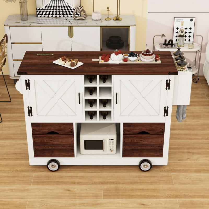 Rolling Kitchen Island Cart with Drop Leaf, Power Outlet, Adjustable Shelves and 2 Storage Drawers, White