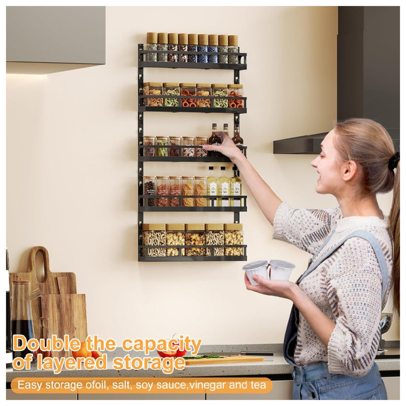 Petit support à épices mural à 5 niveaux, réglable en hauteur, compact et compact pour armoire de cuisine, noir