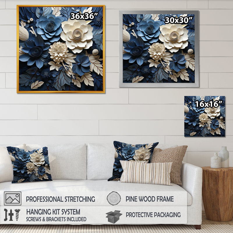 «Blue Flower Crafted Delights I», art mural fleurs, H 30 po x l 30 po x P 1 po, Cadre flottant blanc